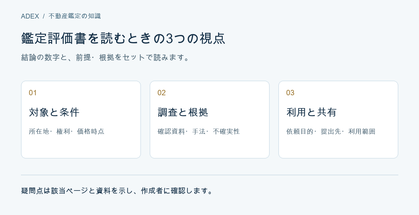 不動産鑑定評価書を読む3つの視点:対象と条件、調査と根拠、利用と共有