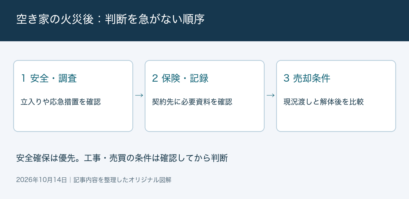 空き家の火災後の判断ポイントを整理した図解